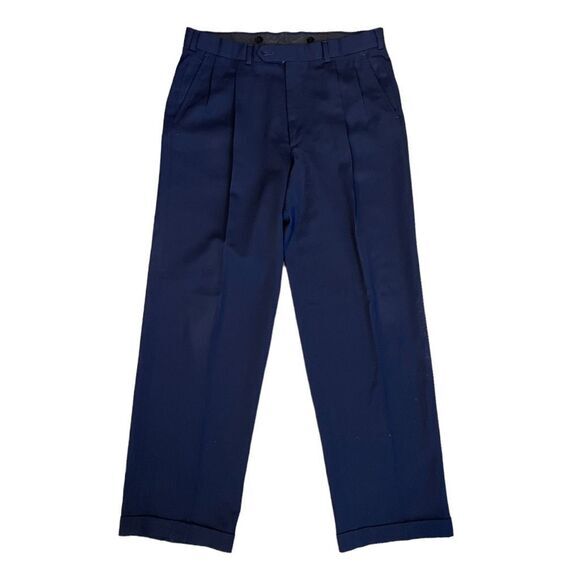 Vintage Burberry London Wool Trousers Navy Blue Pleated Cuffed Dress Pants‎ 36